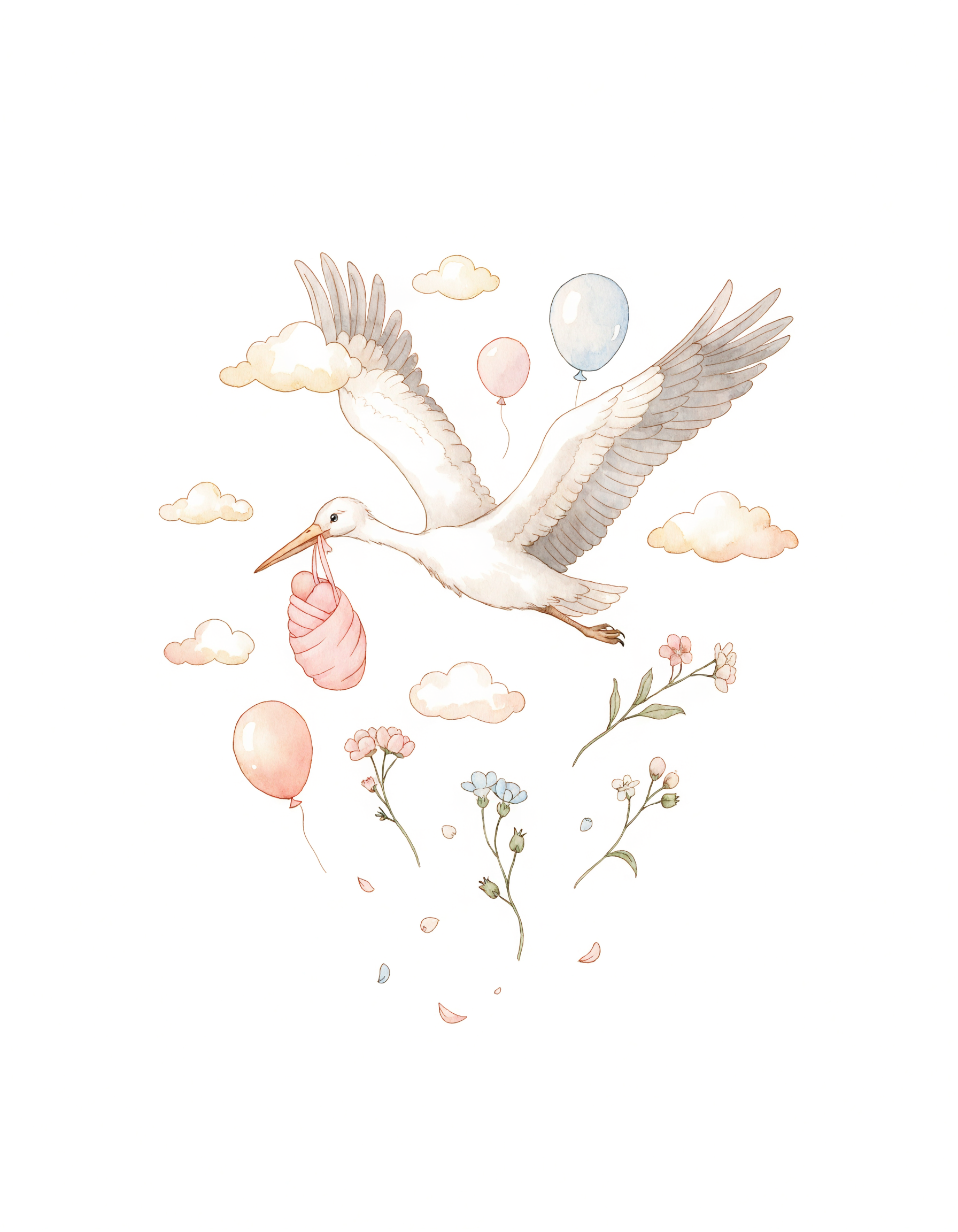 A stork flying with a swaddled baby
